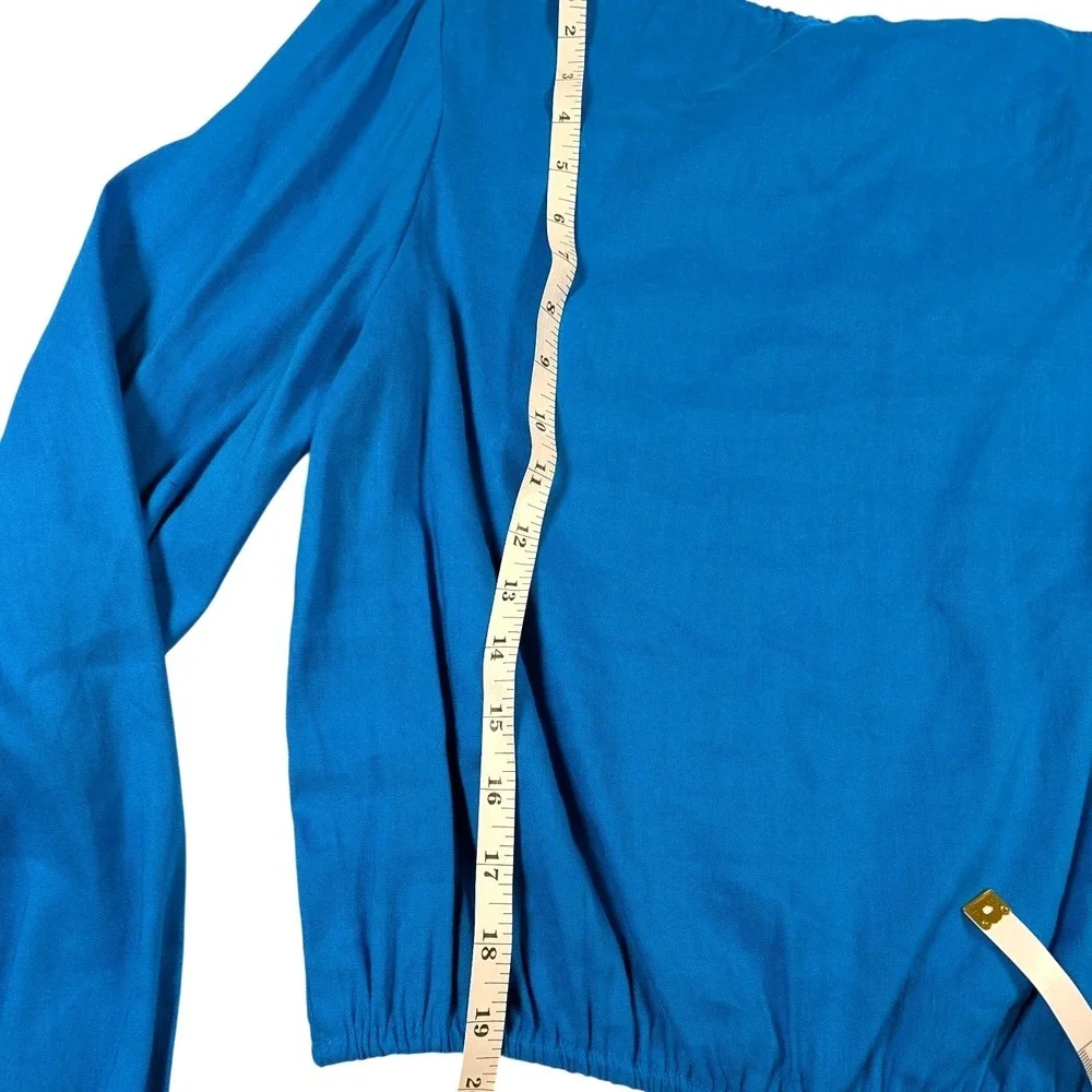 Gianni Bini Blue Linen Blend Puff Sleeve Cropped Tie Front Blouse NWT Medium - Picture 4 of 8
